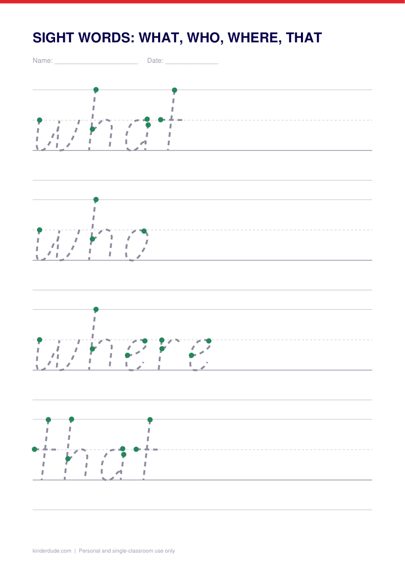 Preview of the sight words: what, who, where, that, showing the model row with numbered start dots and the practice rows below