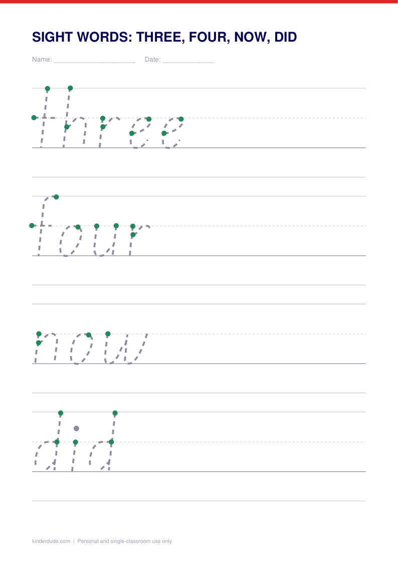 Preview of the sight words: three, four, now, did, showing the model row with numbered start dots and the practice rows below