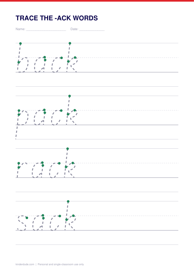 Preview of the trace the -ack words, showing the model row with numbered start dots and the practice rows below
