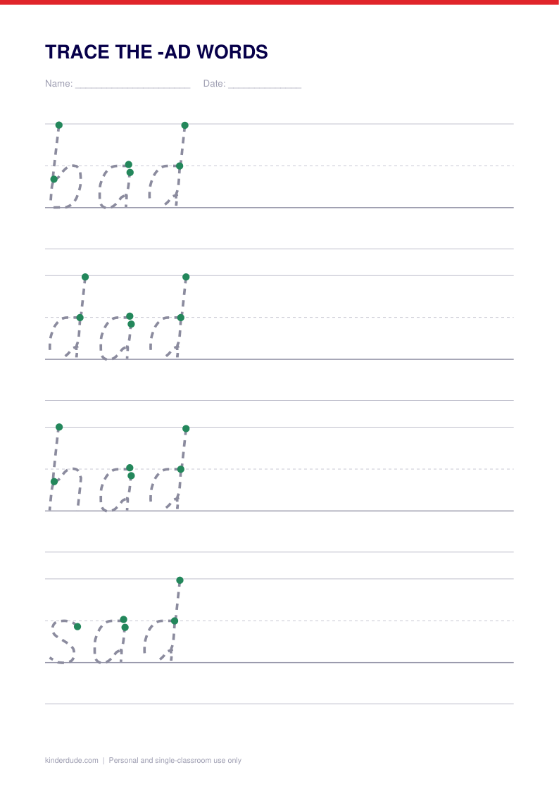 Preview of the trace the -ad words, showing the model row with numbered start dots and the practice rows below