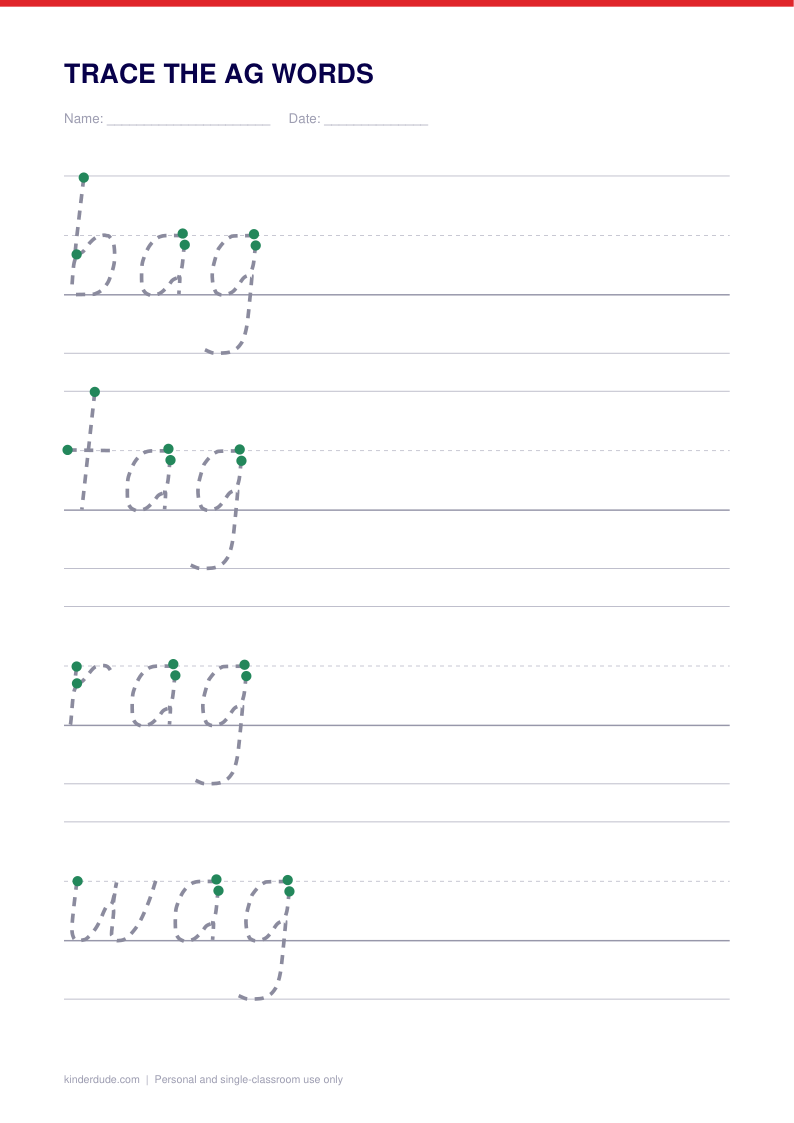 Preview of the trace the ag words, showing the model row with numbered start dots and the practice rows below