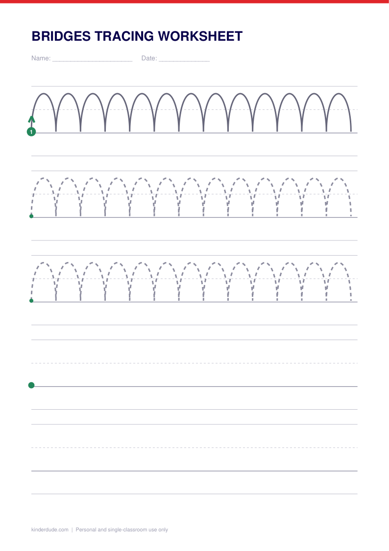 Preview of the bridges tracing worksheet, showing the model row with numbered start dots and the practice rows below