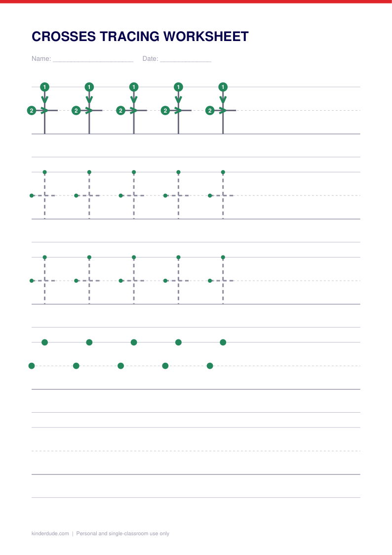 Preview of the crosses tracing worksheet, showing the model row with numbered start dots and the practice rows below