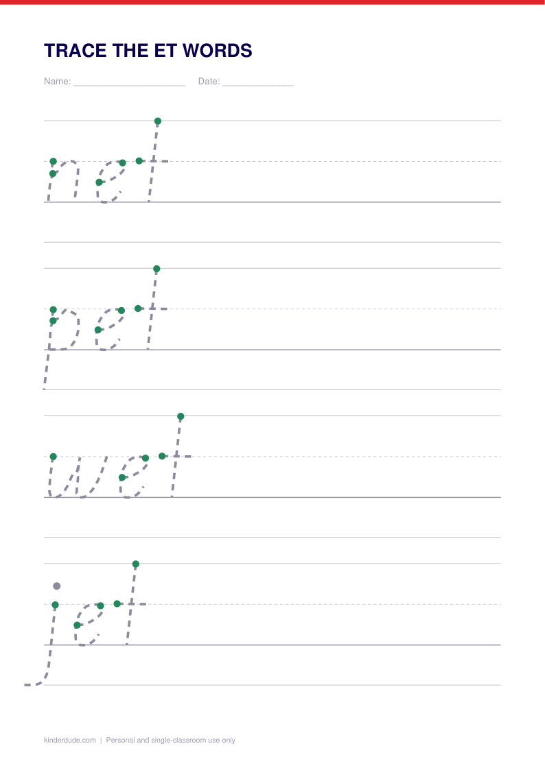 Preview of the trace the et words, showing the model row with numbered start dots and the practice rows below