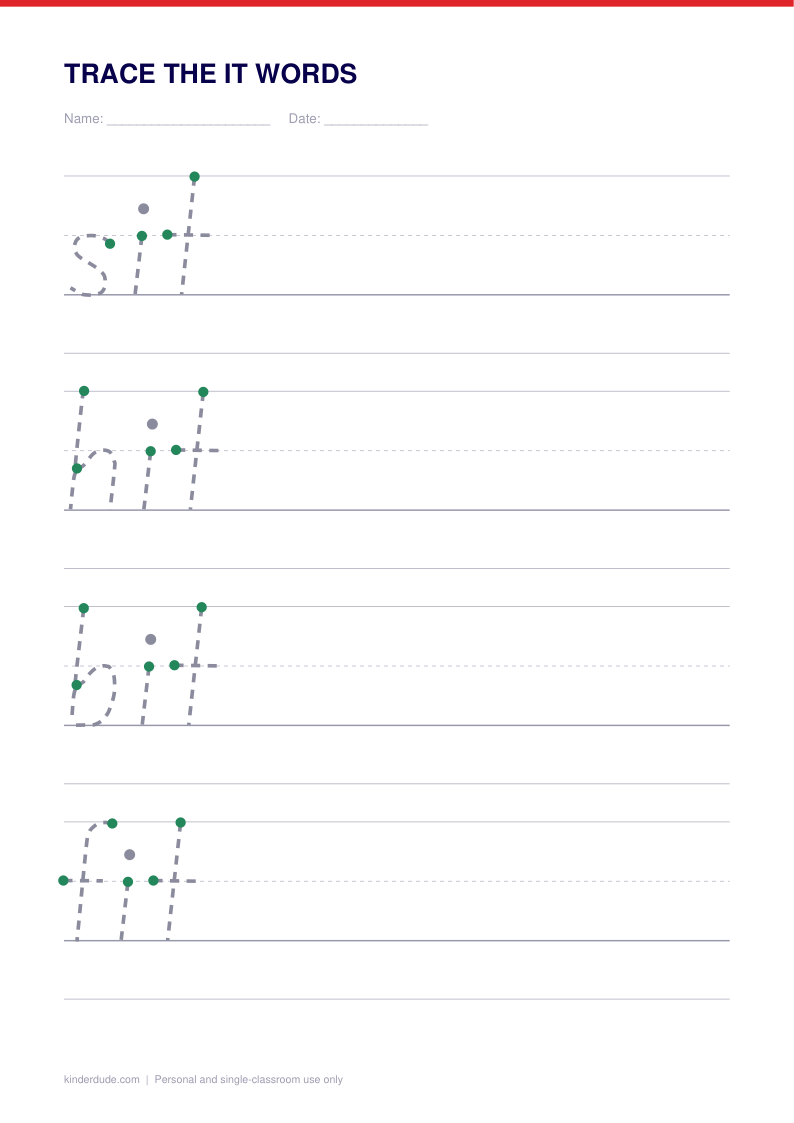 Preview of the trace the it words, showing the model row with numbered start dots and the practice rows below