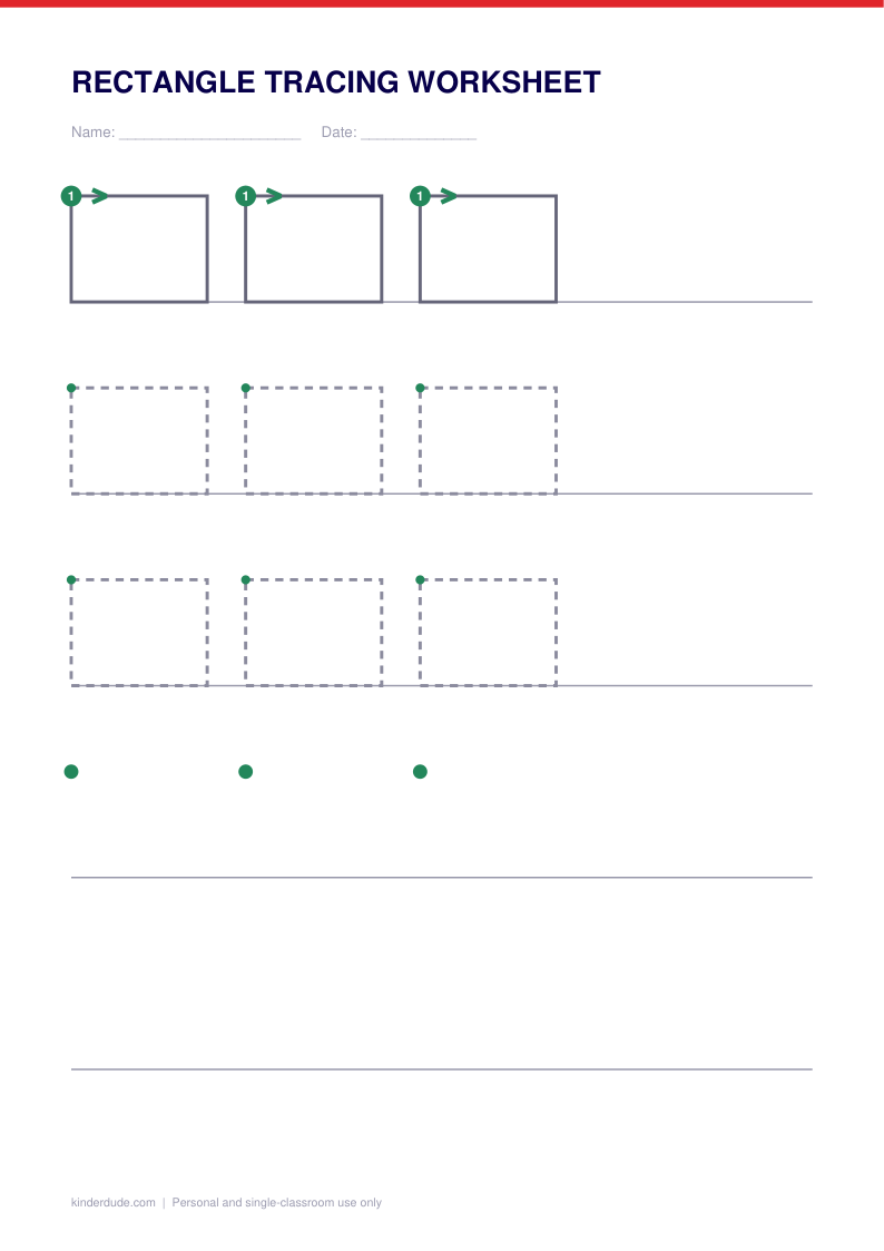 Preview of the rectangle tracing worksheet, showing the model row with numbered start dots and the practice rows below