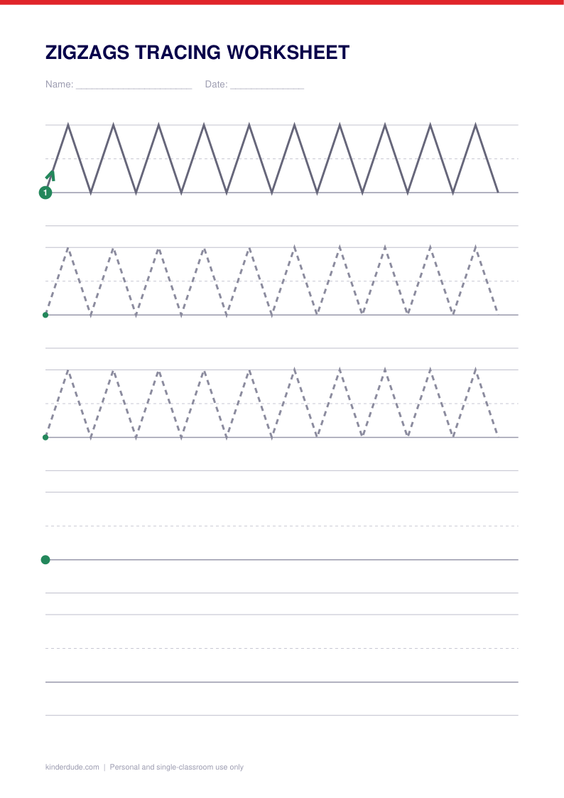 Preview of the zigzags tracing worksheet, showing the model row with numbered start dots and the practice rows below