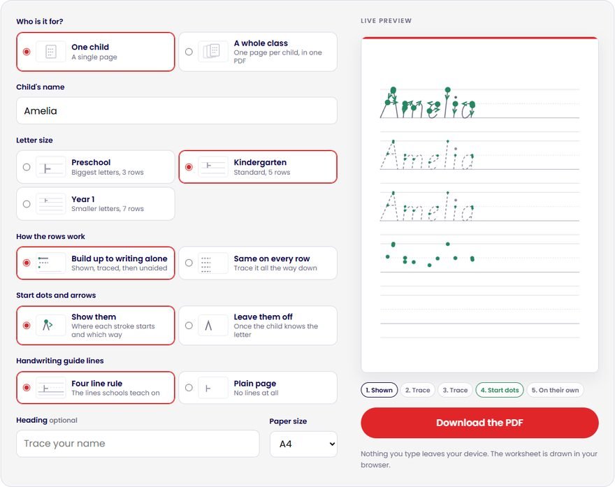 The name tracing maker with the name Amelia typed in, showing the options on the left and a live preview of the worksheet on the right.